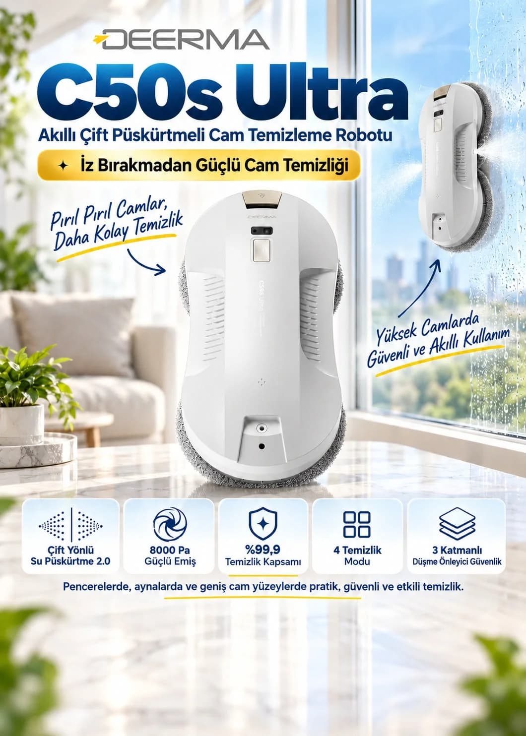Deerma C50S Ultra Akıllı Çift Püskürtmeli Cam Temizleme Robotu