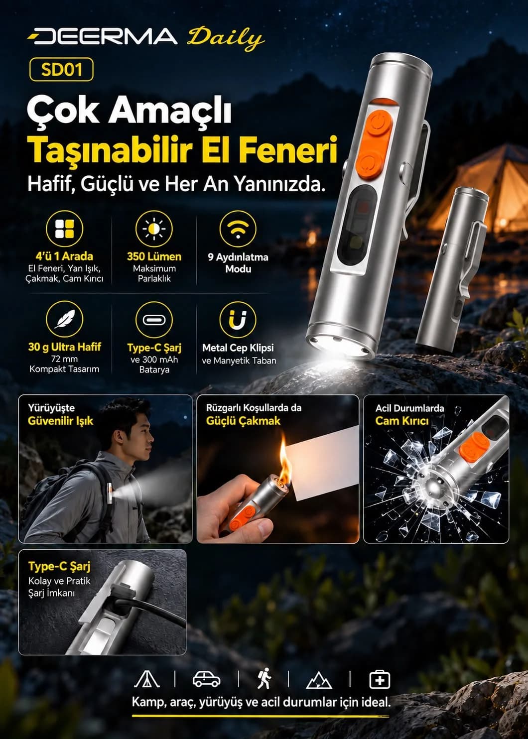 Deerma Daily SD01 Çok Amaçlı Taşınabilir El Feneri