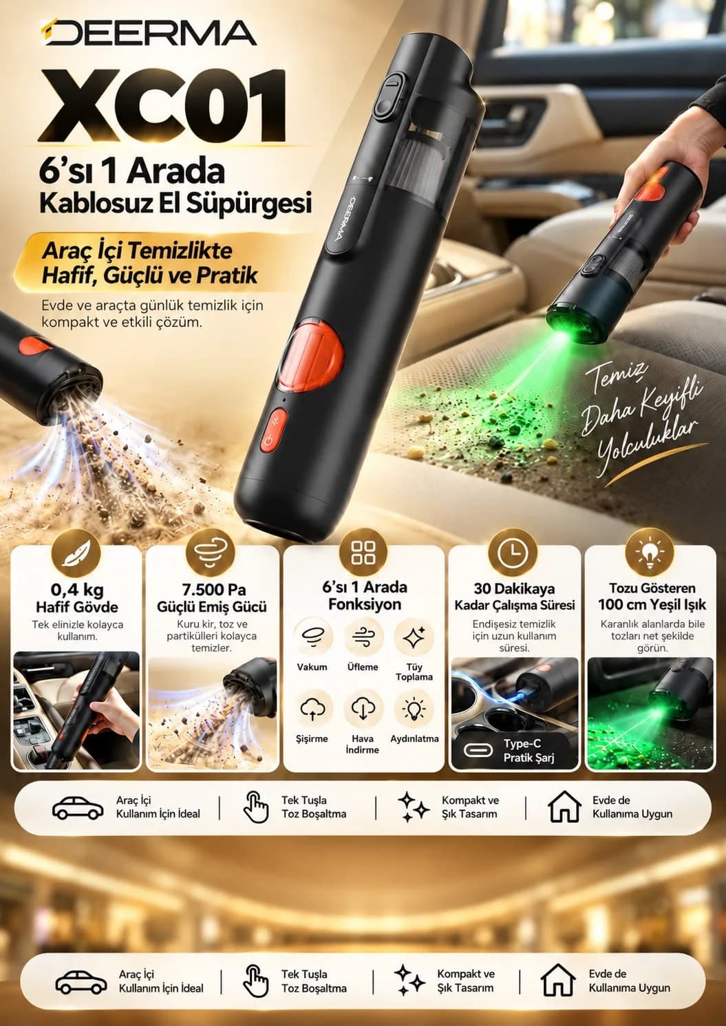 Deerma XC01 6’sı 1 Arada Kablosuz El Süpürgesi